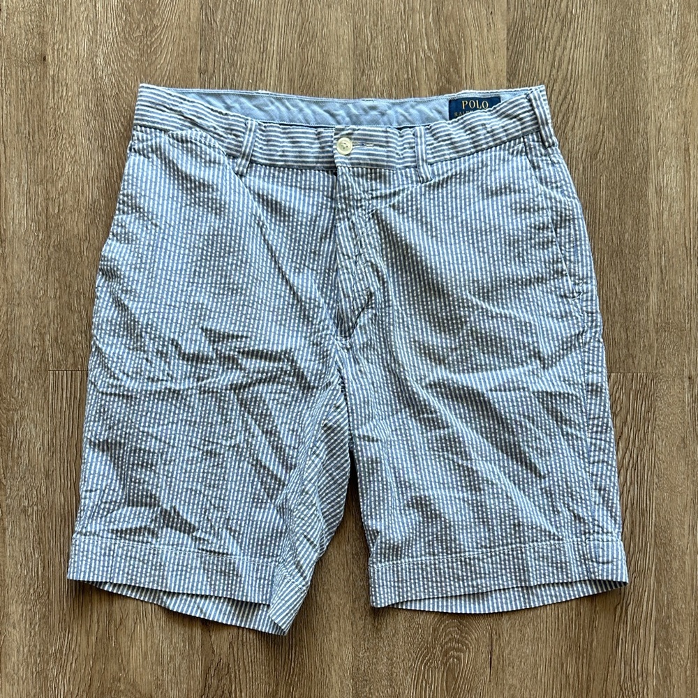 Polo by Ralph Lauren Men's Seersucker Shorts Blue White Striped 32 Classic Fit‎